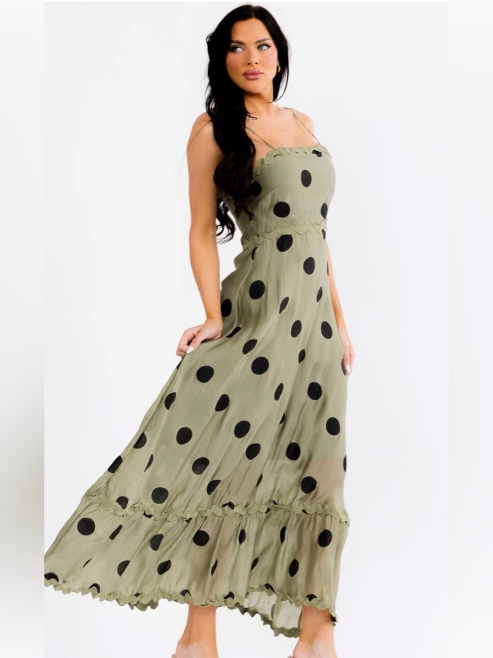 Olive Green Polka Dot Maxi Dress - Sleeveless Flowy Design